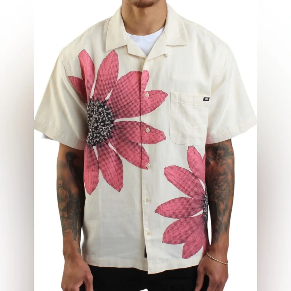 Vans Laurel Woven Cream Pink Floral Short Sleeve Cotton Linen Button Down Shirt - Picture 1 of 10